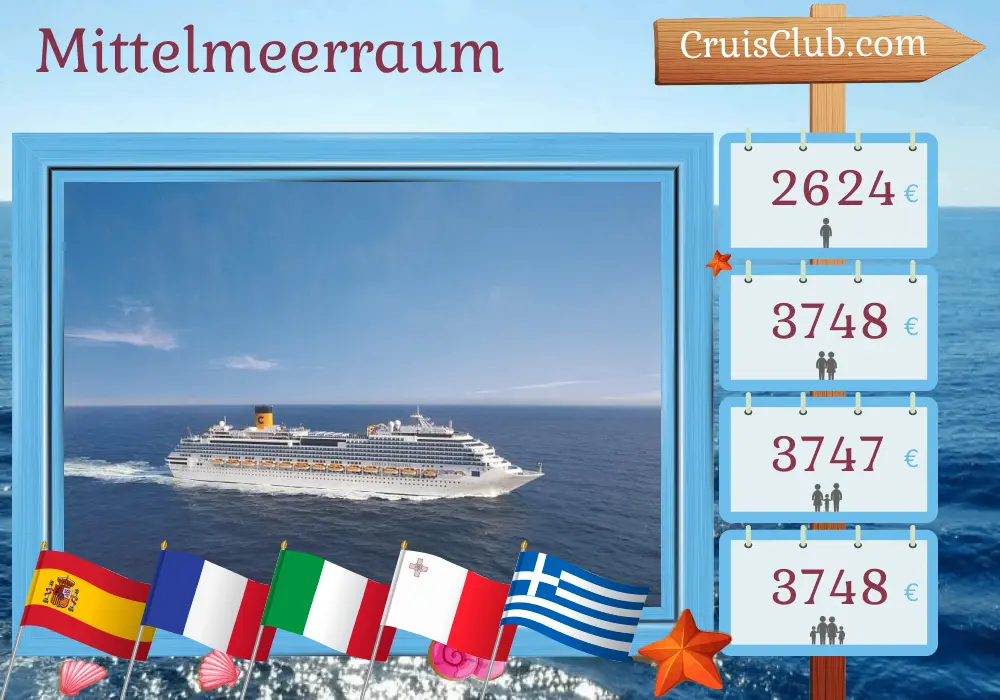 Mittelmeer-Kreuzfahrt von Barcelona nach Piräus an Bord des Costa Fascinosa-Schiffs mit Stopps in Spanien, Frankreich, Italien, Tunesien, Malta und Griechenland für 13 Tage