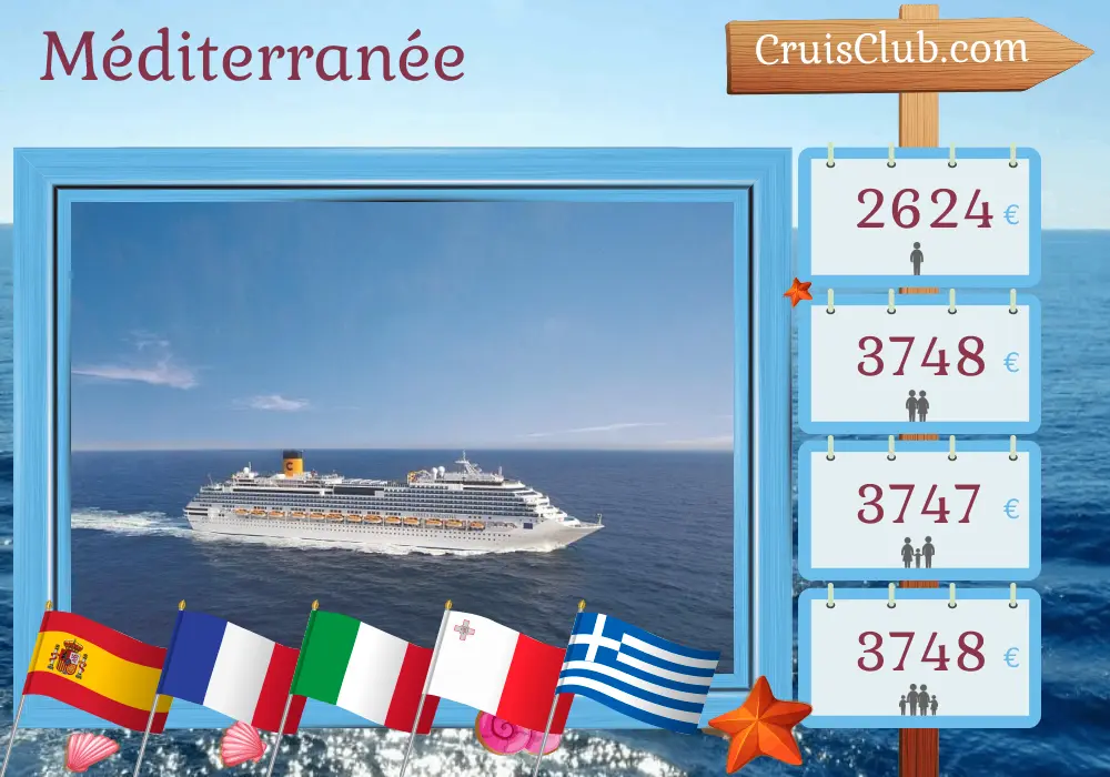 Croisière en Méditerranée de Barcelone à Le Pirée à bord du navire Costa Fascinosa avec escales en Espagne, en France, en Italie, en Tunisie, à Malte et en Grèce pendant 13 jours