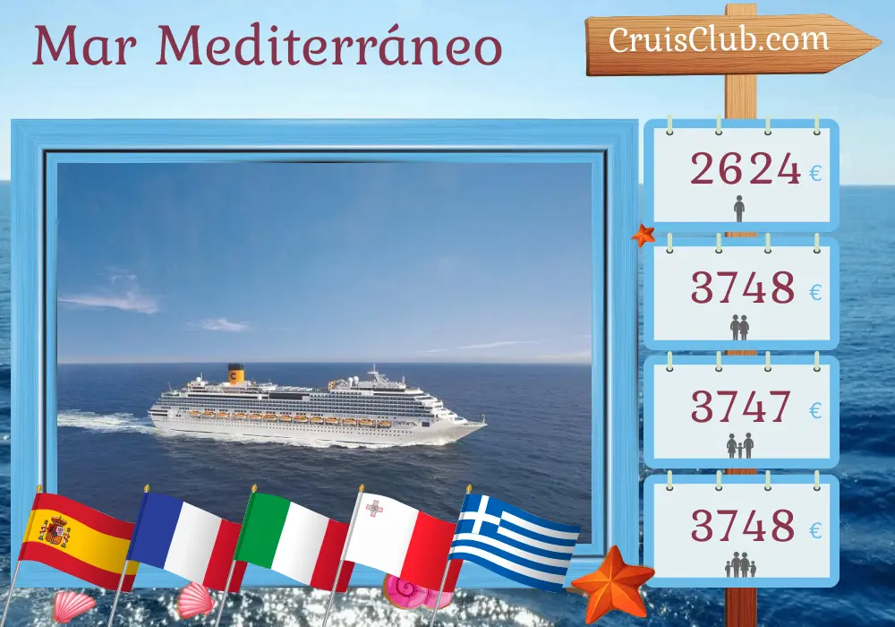 Crucero por el Mediterráneo de Barcelona a El Pireo a bordo del barco Costa Fascinosa con visitas a España, Francia, Italia, Túnez, Malta y Grecia durante 13 días