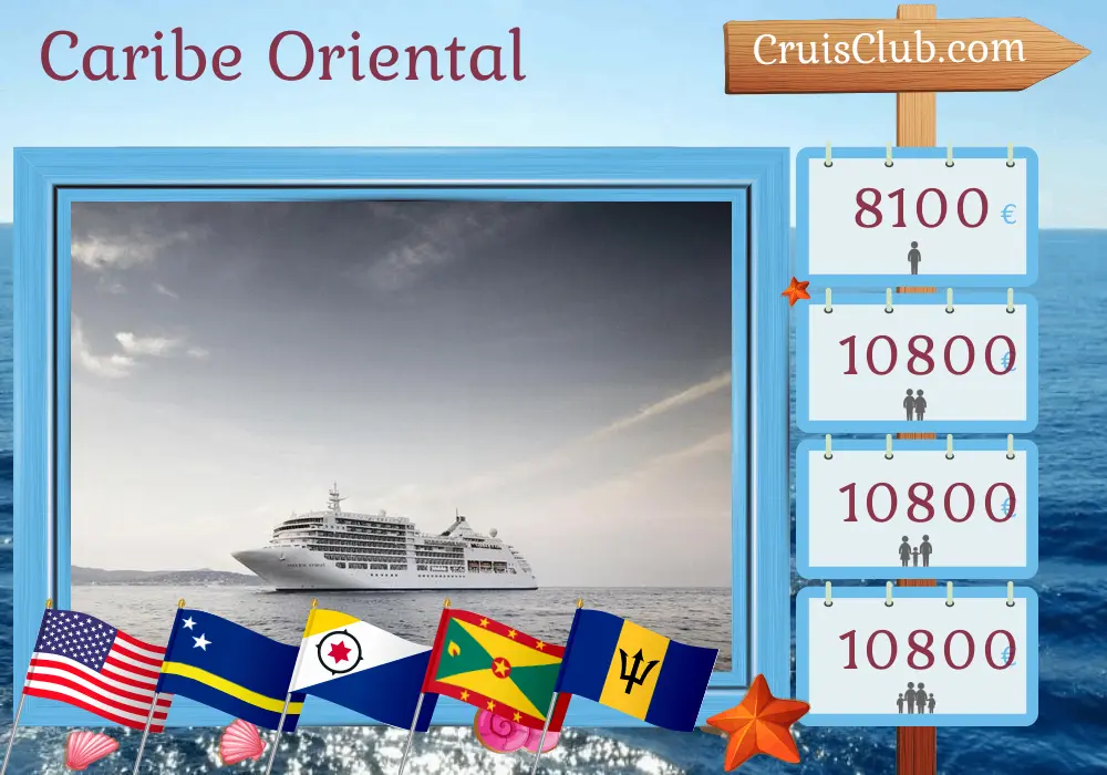 Cruzeiro no Caribe Oriental de Miami para Bridgetown a bordo do navio Silver Spirit com visitas aos EUA, Porto Rico, São Bartolomeu, Curaçao, Granada, São Vicente e Granadinas, e Barbados por 13 dias