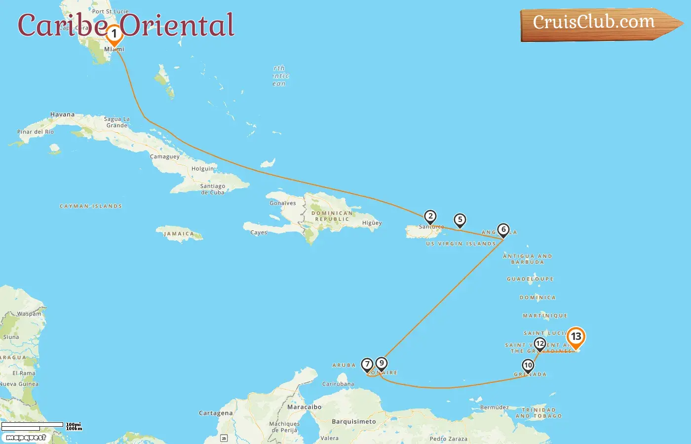Cruzeiro no Caribe Oriental de Miami para Bridgetown a bordo do navio Silver Spirit com visitas aos EUA, Porto Rico, São Bartolomeu, Curaçao, Granada, São Vicente e Granadinas, e Barbados por 13 dias