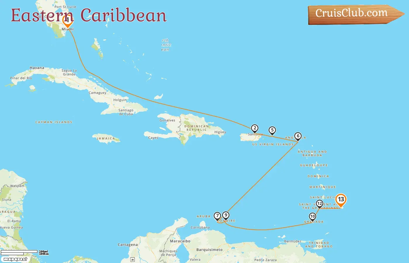 Cruise in the Eastern Caribbean from Miami to Bridgetown aboard Silver Spirit ship with visits to USA, Puerto Rico, Saint Barthélemy, Curaçao, Grenada, Saint Vincent and the Grenadines, and Barbados for 13 days