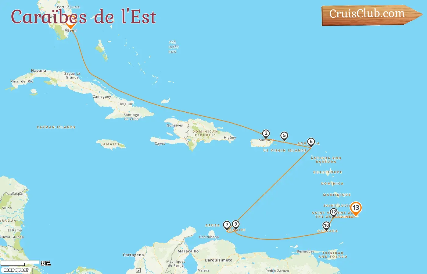 Croisière dans les Caraïbes orientales de Miami à Bridgetown à bord du navire Silver Spirit avec des visites aux États-Unis, à Porto Rico, à Saint-Barthélemy, à Curaçao, à la Grenade, à Saint-Vincent-et-les-Grenadines, et à la Barbade pendant 13 jours