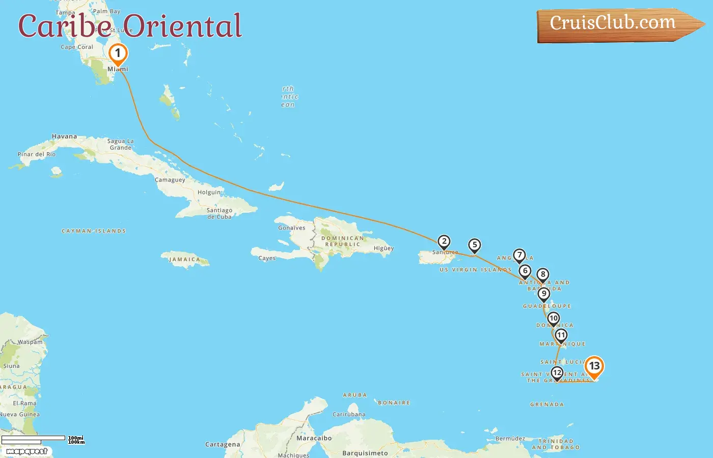 Crucero por el Caribe Oriental de Miami a Bridgetown a bordo del barco Silver Ray con visitas a EE. UU., Puerto Rico, San Cristóbal y Nieves, San Bartolomé, Guadalupe, San Vicente y las Granadinas y Barbados durante 13 días