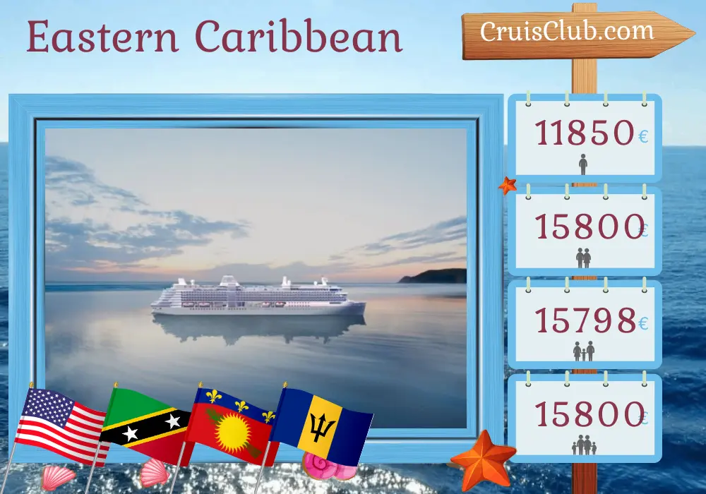 Kreuzfahrt in der östlichen Karibik von Miami nach Bridgetown an Bord des Schiffes Silver Ray mit Besuchen in den USA, Puerto Rico, St. Kitts und Nevis, St. Barthélemy, Guadeloupe, St. Vincent und die Grenadinen und Barbados für 13 Tage
