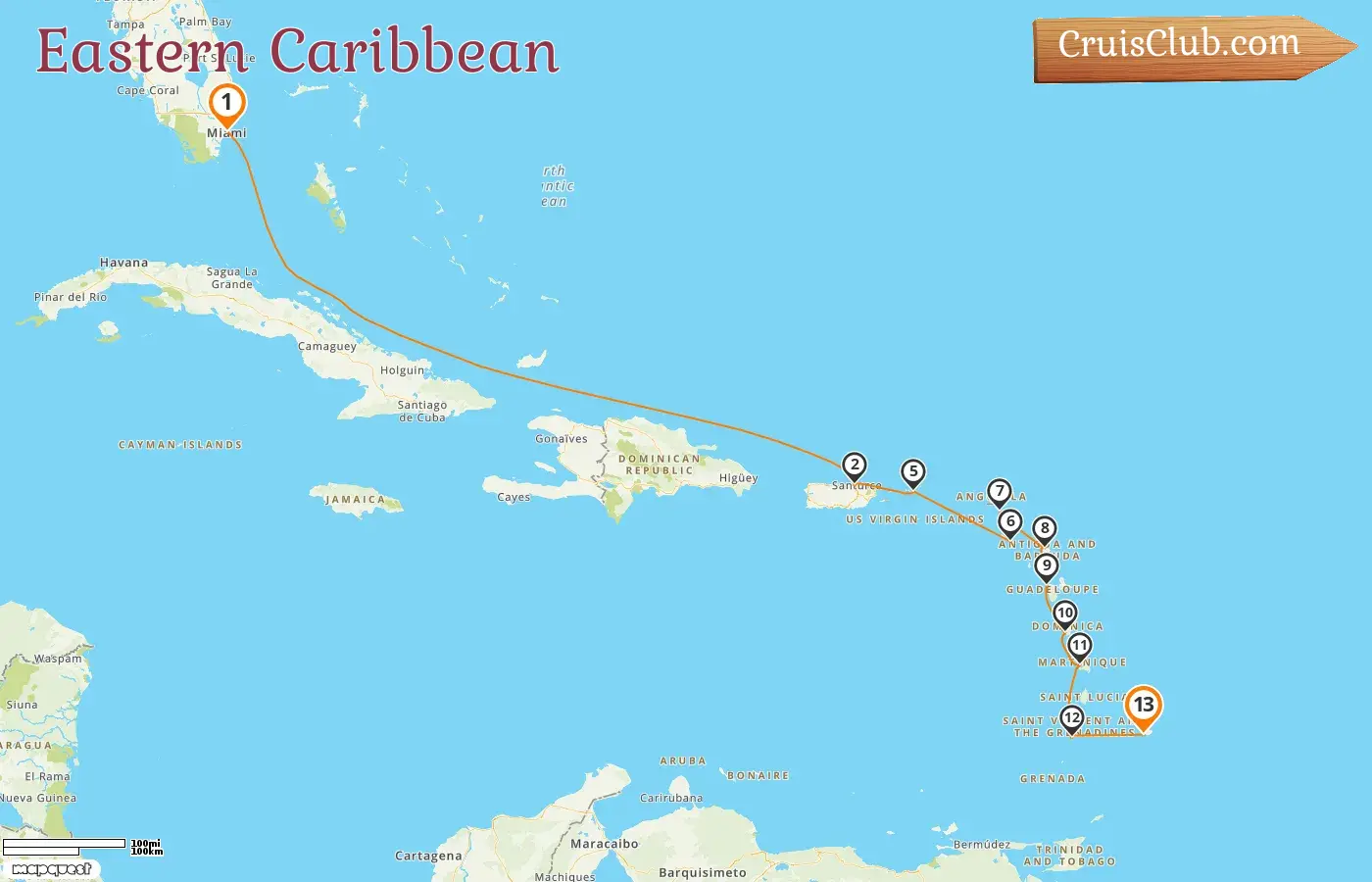 Kreuzfahrt in der östlichen Karibik von Miami nach Bridgetown an Bord des Schiffes Silver Ray mit Besuchen in den USA, Puerto Rico, St. Kitts und Nevis, St. Barthélemy, Guadeloupe, St. Vincent und die Grenadinen und Barbados für 13 Tage
