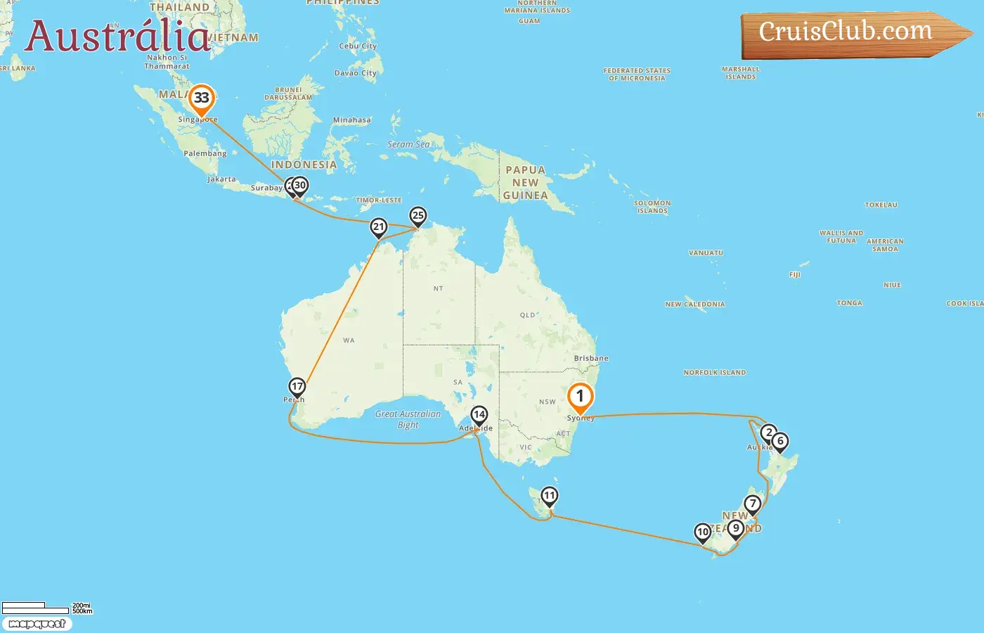 Cruzeiro na Austrália de Sydney a Singapura a bordo do navio Coral Princess com visitas à Austrália, Nova Zelândia, Indonésia e Singapura por 33 dias