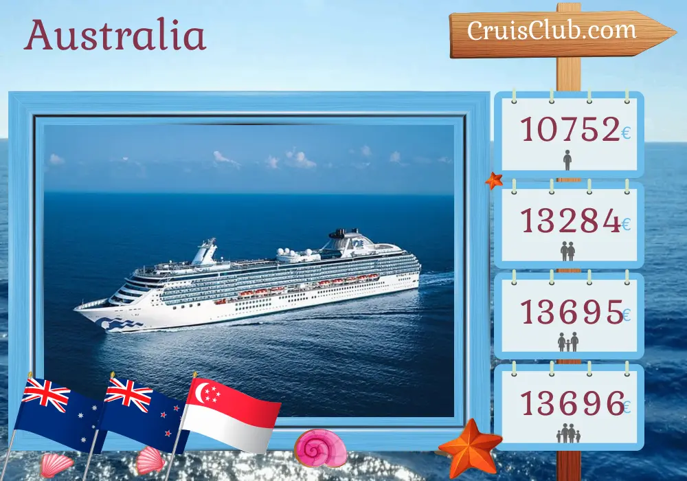 Crucero por Australia desde Sídney a Singapur a bordo del barco Coral Princess con visitas a Australia, Nueva Zelanda, Indonesia y Singapur durante 33 días