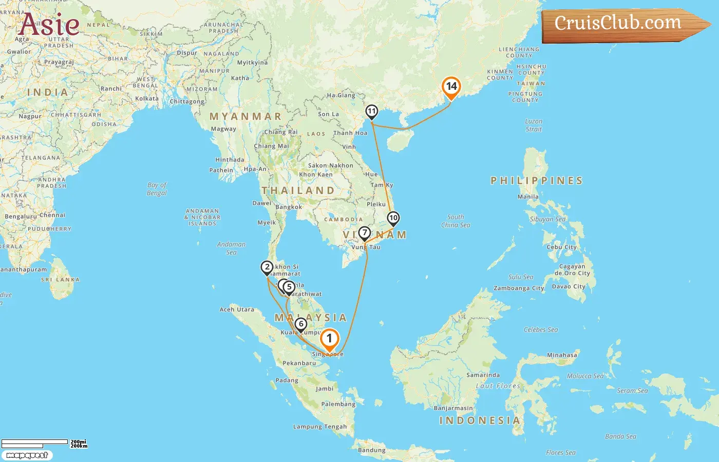 Croisière en Asie de Singapour à Hong Kong à bord du navire Coral Princess avec des escales à Singapour, en Thaïlande, en Malaisie, au Viêt Nam et à Hong Kong pendant 14 jours