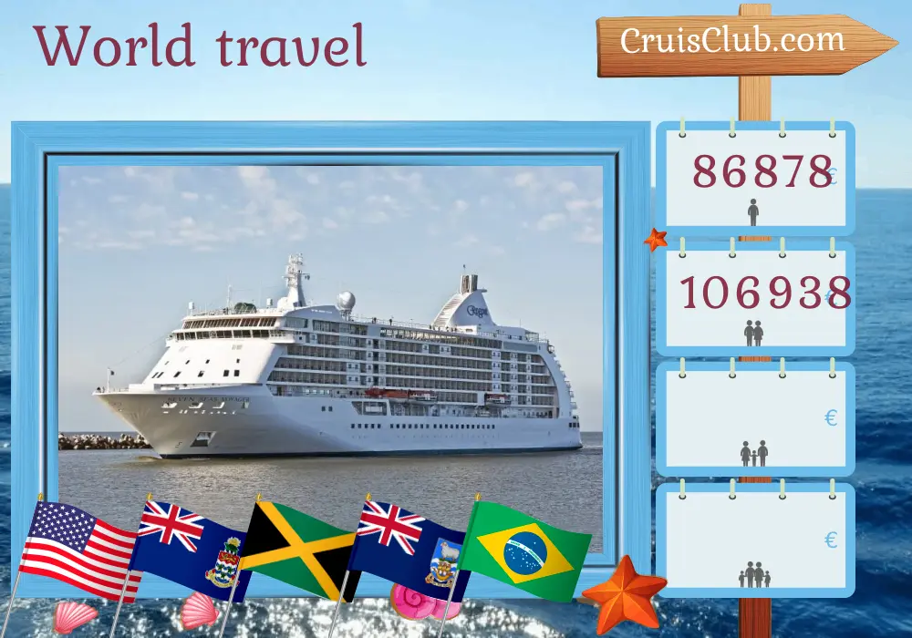 Kreuzfahrt in der Weltreise ab Miami an Bord des Schiffes Seven Seas Voyager mit Besuchen in den USA, den Kaimaninseln, Jamaika, Kolumbien, Costa Rica, Panama, Ecuador, Peru, Chile, Falklandinseln, Argentinien, Uruguay und Brasilien für 66 Tage