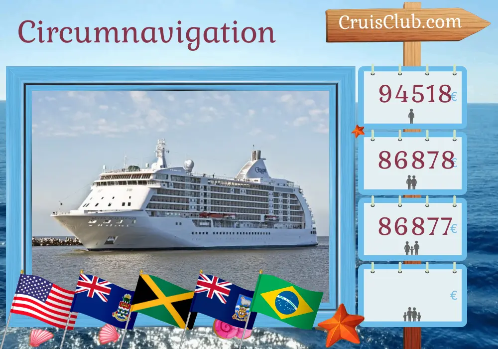 Croisière dans le monde au départ de Miami à bord du navire Seven Seas Voyager avec des visites aux États-Unis, îles Caïmans, Jamaïque, Colombie, Costa Rica, Panama, Équateur, Pérou, Chili, îles Falkland, Argentine, Uruguay et Brésil pendant 66 jours