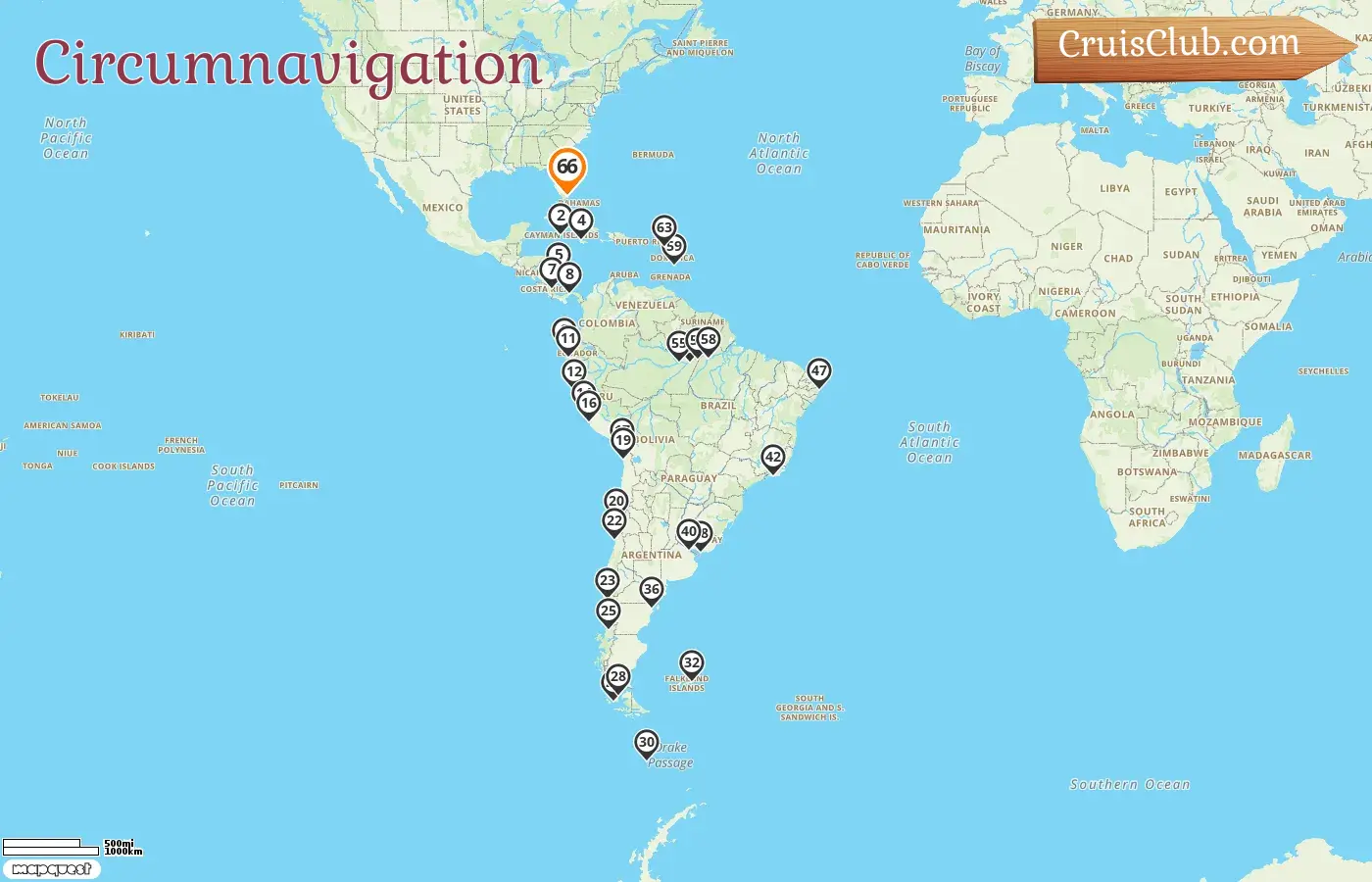 Croisière dans le monde au départ de Miami à bord du navire Seven Seas Voyager avec des visites aux États-Unis, îles Caïmans, Jamaïque, Colombie, Costa Rica, Panama, Équateur, Pérou, Chili, îles Falkland, Argentine, Uruguay et Brésil pendant 66 jours