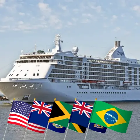Kreuzfahrt in der Weltreise ab Miami an Bord des Schiffes Seven Seas Voyager mit Besuchen in den USA, den Kaimaninseln, Jamaika, Kolumbien, Costa Rica, Panama, Ecuador, Peru, Chile, Falklandinseln, Argentinien, Uruguay und Brasilien für 66 Tage
