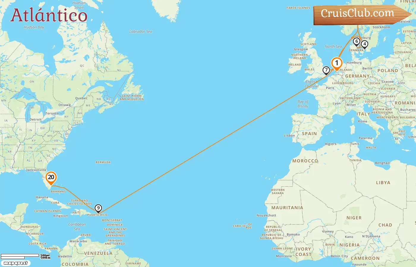 Vuelta al mundo en Transatlántico de Rotterdam a Fort Lauderdale a bordo del barco Volendam con visitas a Noruega, Dinamarca, Puerto Rico y los Estados Unidos por 20 días