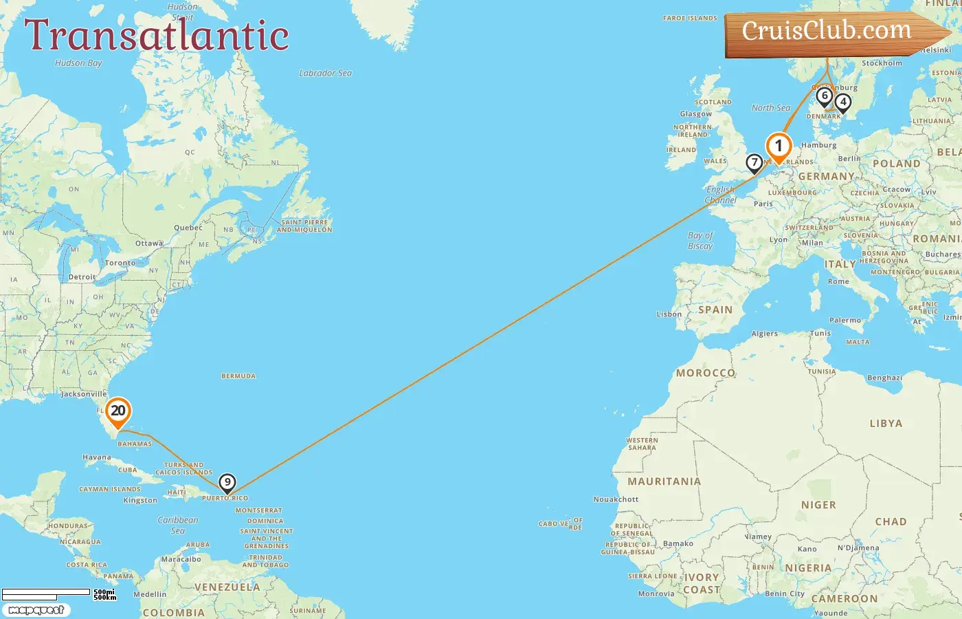 Cruise in the Transatlantic from Rotterdam to Fort Lauderdale aboard Volendam ship with visits to Norway, Denmark, Puerto Rico, and USA for 20 days