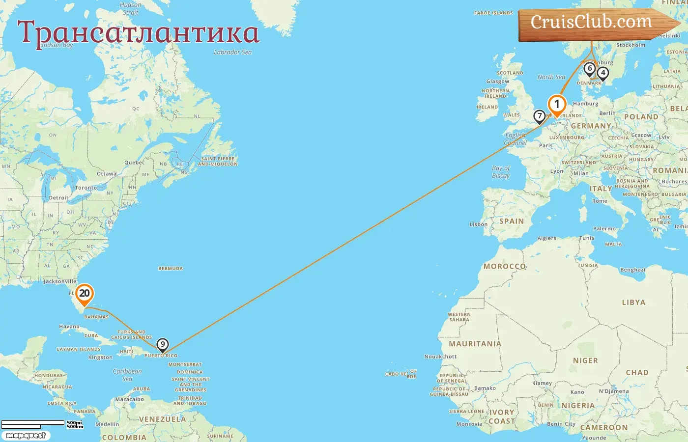 Круиз по Трансатлантике из Роттердама во Форт-Лодердейл на борту судна Volendam с посещением Норвегии, Дании, Пуэрто-Рико и США на 20 дней
