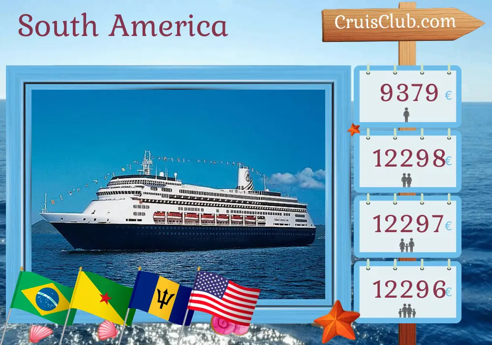 Cruise in the South America from Buenos Aires to Fort Lauderdale aboard Zaandam ship with visits to Argentina, Brazil, French Guiana, Barbados, Puerto Rico, and USA for 30 days