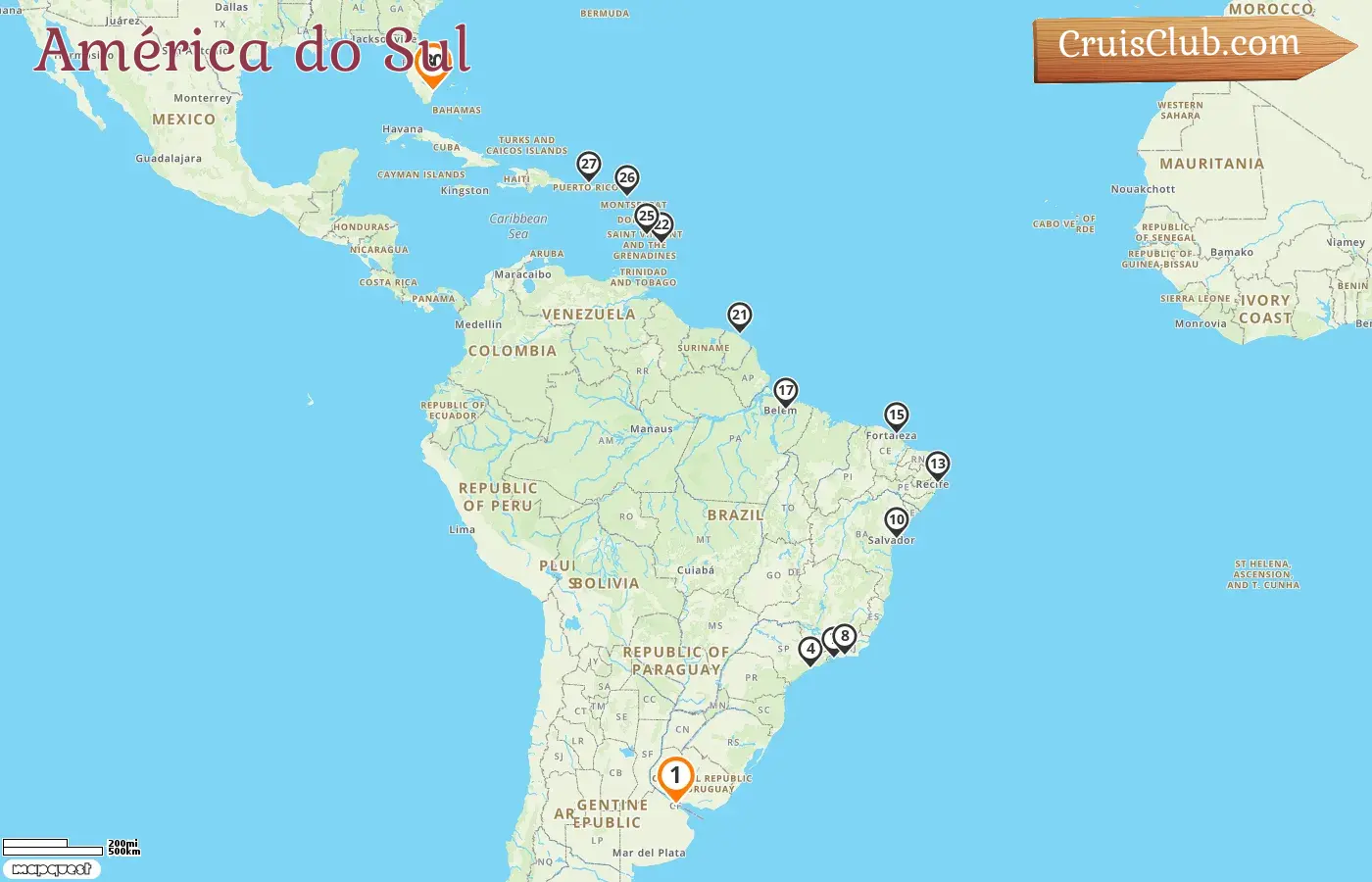 Cruzeiro na América do Sul de Buenos Aires até Fort Lauderdale a bordo do navio Zaandam com visitas à Argentina, Brasil, Guiana Francesa, Barbados, Porto Rico e EUA por 30 dias