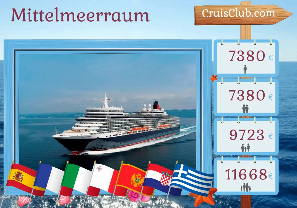 Kreuzfahrt im Mittelmeer von Barcelona nach Civitavecchia an Bord des Queen Elizabeth-Schiffs mit Besuchen in Spanien, Frankreich, Italien, Malta, Montenegro, Kroatien und Griechenland für 22 Tage