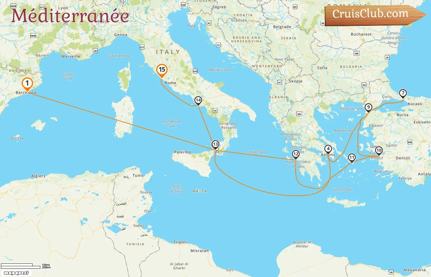 Croisière en Méditerranée de Barcelone à Civitavecchia à bord du navire Queen Elizabeth avec des visites en Espagne, en Italie, en Grèce et en Turquie pendant 15 jours