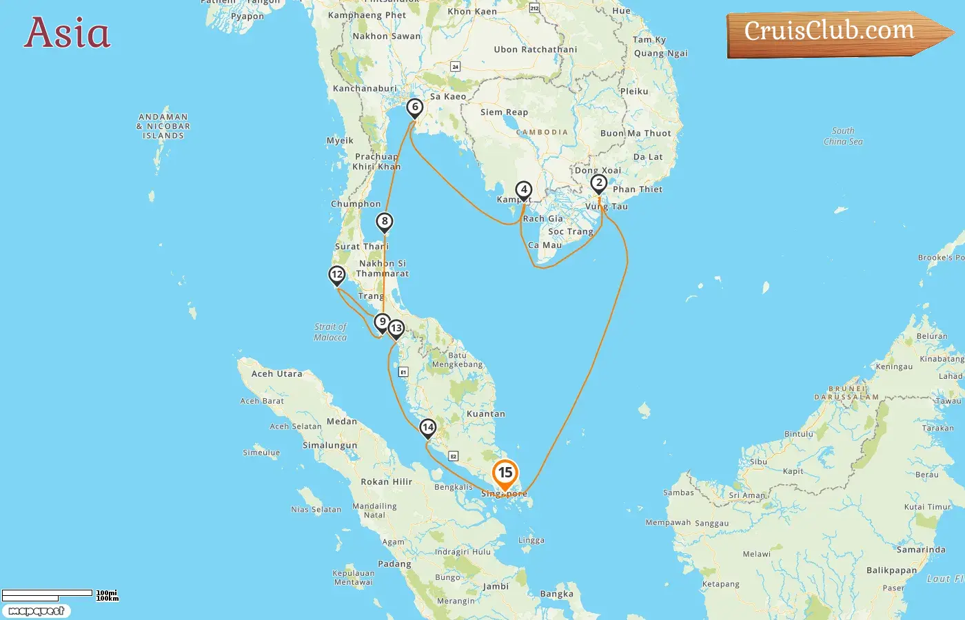 Cruise in the Asia from Singapore aboard Sapphire Princess ship with visits to Singapore, Viet Nam, Cambodia, Thailand, and Malaysia for 15 days