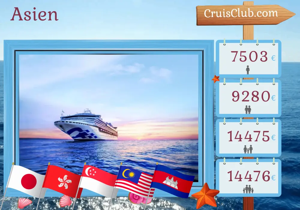 Kreuzfahrt in Asien von Tokio nach Singapur an Bord des Schiffes Sapphire Princess mit Besuchen in Japan, Hongkong, Vietnam, Singapur, Malaysia, Thailand und Kambodscha für 29 Tage