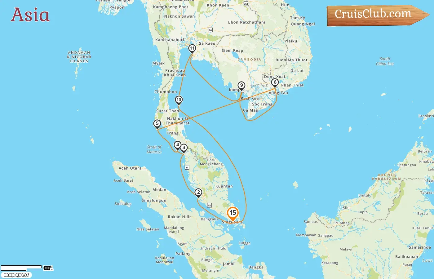 Cruise in the Asia from Singapore aboard Sapphire Princess ship with visits to Singapore, Malaysia, Thailand, Viet Nam, and Cambodia for 15 days