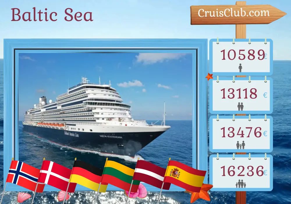 Cruise in the Baltic Sea from Rotterdam aboard Nieuw Statendam ship with visits to Norway, Denmark, Germany, Poland, Lithuania, Latvia, Morocco, and Spain for 29 days