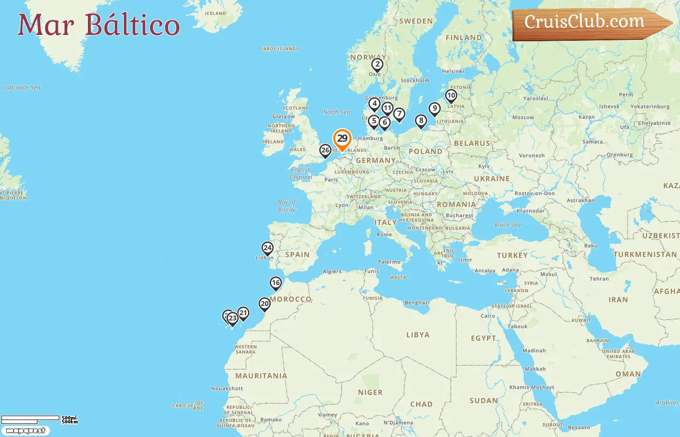 Cruzeiro no Mar Báltico a partir de Roterdão a bordo do navio Nieuw Statendam com visitas à Noruega, Dinamarca, Alemanha, Polônia, Lituânia, Letônia, Marrocos e Espanha por 29 dias