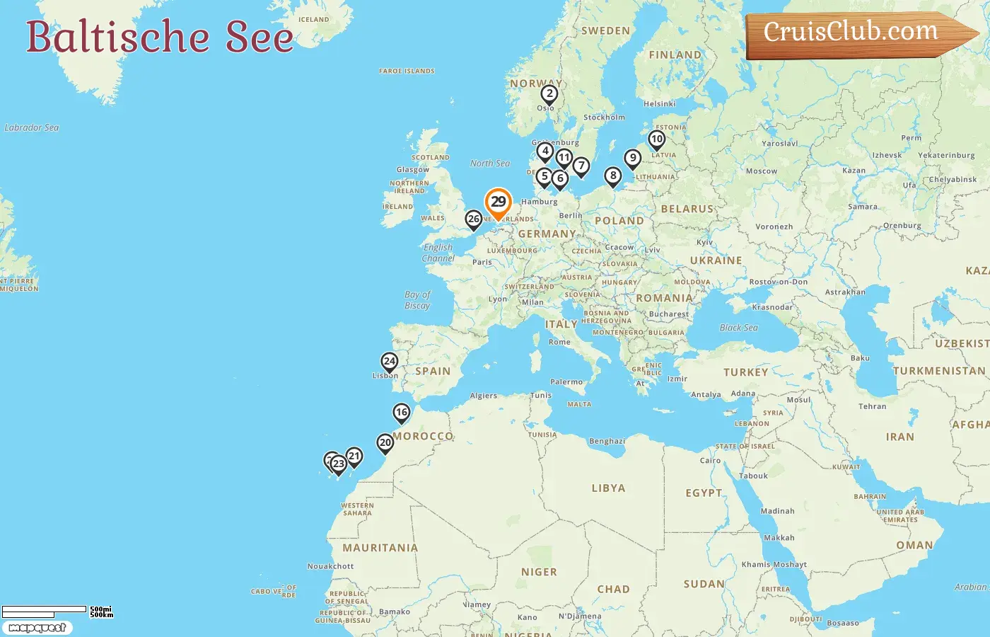 Kreuzfahrt in der Ostsee ab Rotterdam an Bord des Schiffes Nieuw Statendam mit Stopps in Norwegen, Dänemark, Deutschland, Polen, Litauen, Lettland, Marokko und Spanien für 29 Tage