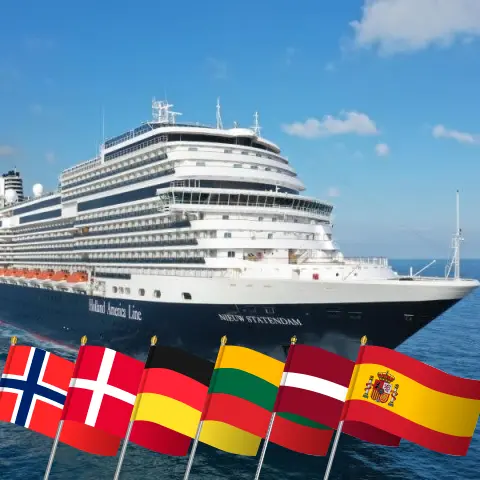 Cruzeiro no Mar Báltico a partir de Roterdão a bordo do navio Nieuw Statendam com visitas à Noruega, Dinamarca, Alemanha, Polônia, Lituânia, Letônia, Marrocos e Espanha por 29 dias