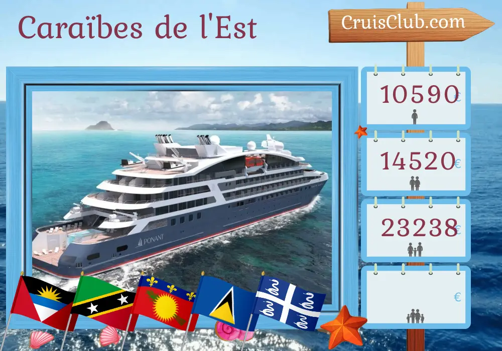 Croisière dans les Caraïbes orientales au départ de Fort-de-France à bord du navire Le Lapérouse avec escales à Saint-Christophe-et-Niévès, aux îles Vierges britanniques, à Saint-Barthélemy, en Guadeloupe, à Sainte-Lucie, à Saint-Vincent-et-les Grenadines et en Martinique pendant 13 jours