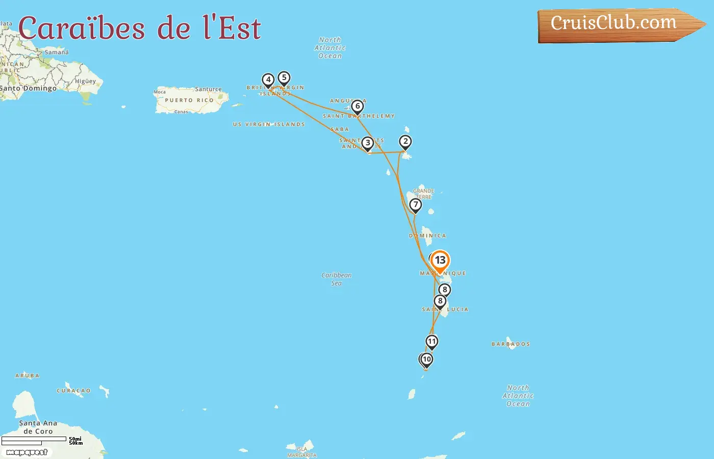 Croisière dans les Caraïbes orientales au départ de Fort-de-France à bord du navire Le Lapérouse avec escales à Saint-Christophe-et-Niévès, aux îles Vierges britanniques, à Saint-Barthélemy, en Guadeloupe, à Sainte-Lucie, à Saint-Vincent-et-les Grenadines et en Martinique pendant 13 jours
