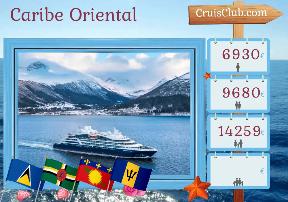 Cruzeiro no Caribe Oriental de Santa Lúcia a bordo do navio Le Bougainville com visitas a Santa Lúcia, Dominica, Guadalupe, São Vicente e Granadinas e Barbados por 8 dias