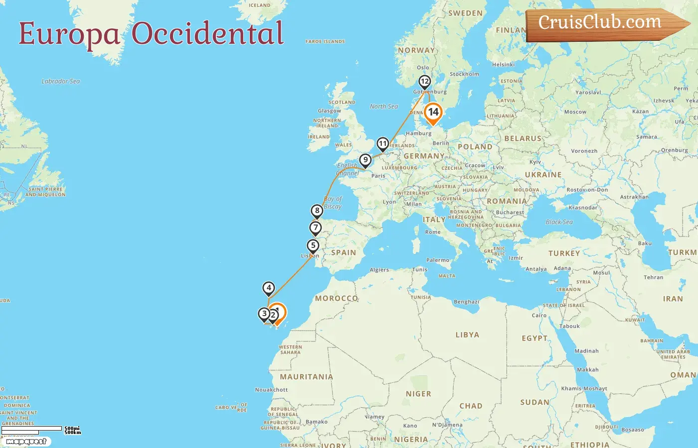 Crucero en Europa occidental de Las Palmas a Warnemünde a bordo del barco AIDAmar con visitas a España, Francia, Bélgica, Dinamarca y Alemania durante 14 días