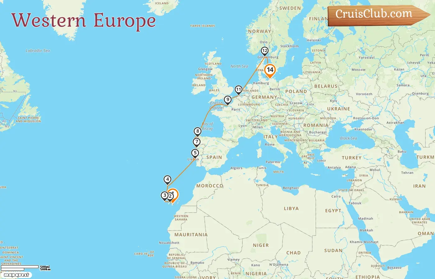 Western Europe Cruise from Las Palmas to Warnemünde on board the AIDAmar with stops in Spain, France, Belgium, Denmark, and Germany for 14 days