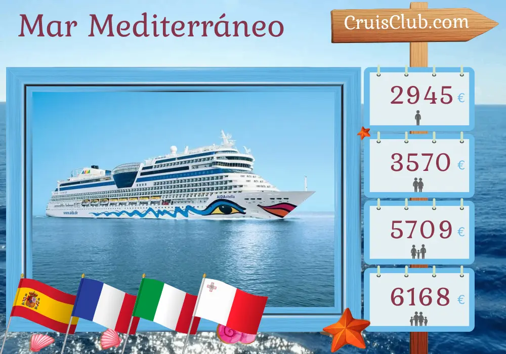 Crucero en el Mediterráneo desde Palma a bordo del AIDAstella con visitas a España, Francia, Italia y Malta durante 12 días