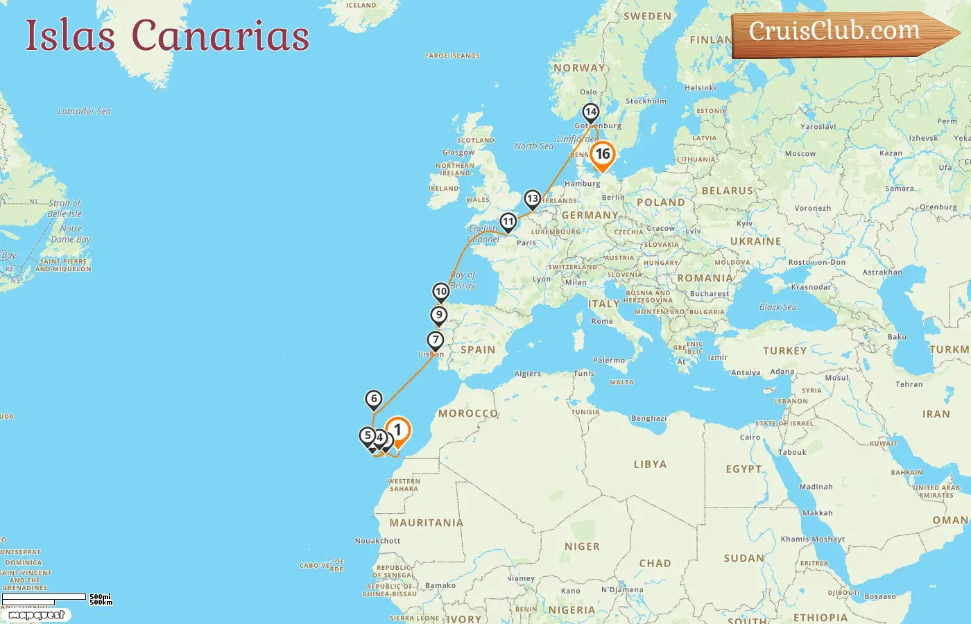 Crucero en las Islas Canarias desde Puerto del Rosario a Warnemünde a bordo del buque AIDAmar con visitas a España, Francia, Bélgica, Dinamarca y Alemania durante 16 días