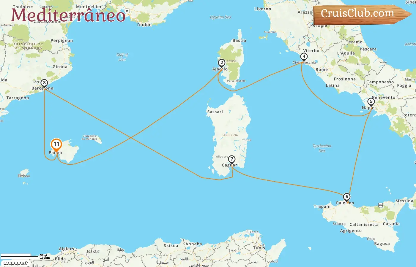 Cruzeiro no Mediterrâneo a partir de Palma a bordo do navio Mein Schiff Flow com visitas à Espanha, França e Itália por 11 dias