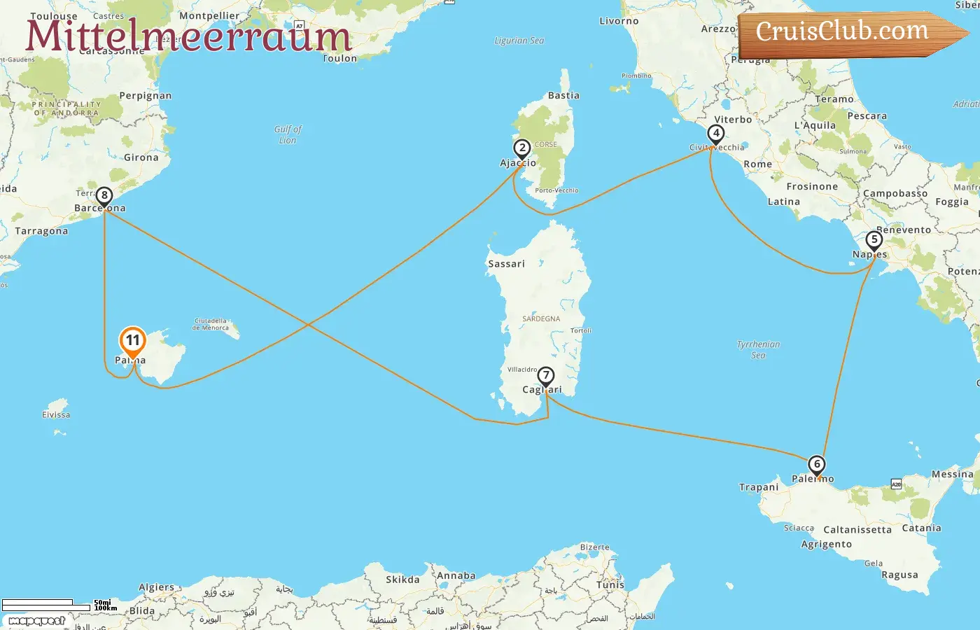 Kreuzfahrt im Mittelmeer ab Palma an Bord des Mein Schiff Flow-Schiffs mit Stopps in Spanien, Frankreich und Italien für 11 Tage