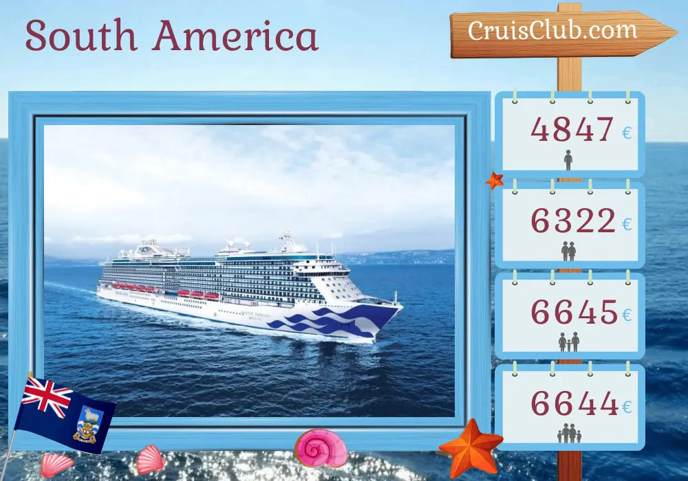 Cruise in the South America from Buenos Aires to San Antonio aboard Majestic Princess ship with visits to Argentina, Uruguay, Falkland Islands, and Chile for 16 days
