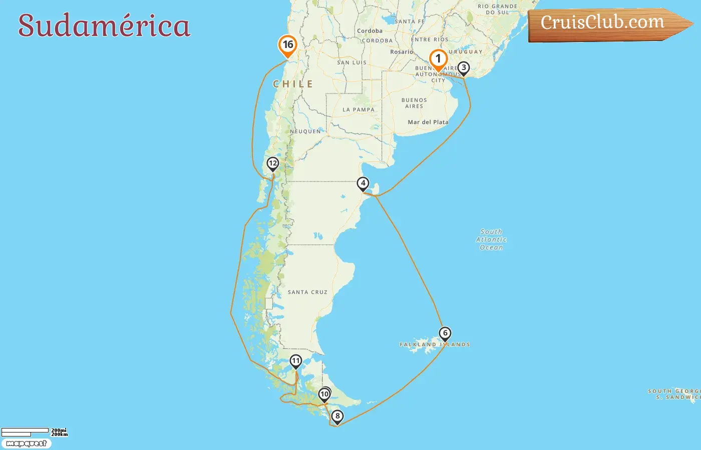 Crucero en Sudamérica de Buenos Aires a San Antonio a bordo del barco Majestic Princess con visitas a Argentina, Uruguay, Islas Malvinas y Chile durante 16 días