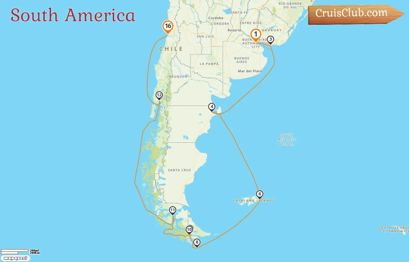Cruise in the South America from Buenos Aires to San Antonio aboard Majestic Princess ship with visits to Argentina, Uruguay, Falkland Islands, and Chile for 16 days