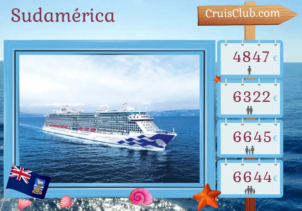 Crucero en Sudamérica de Buenos Aires a San Antonio a bordo del barco Majestic Princess con visitas a Argentina, Uruguay, Islas Malvinas y Chile durante 16 días
