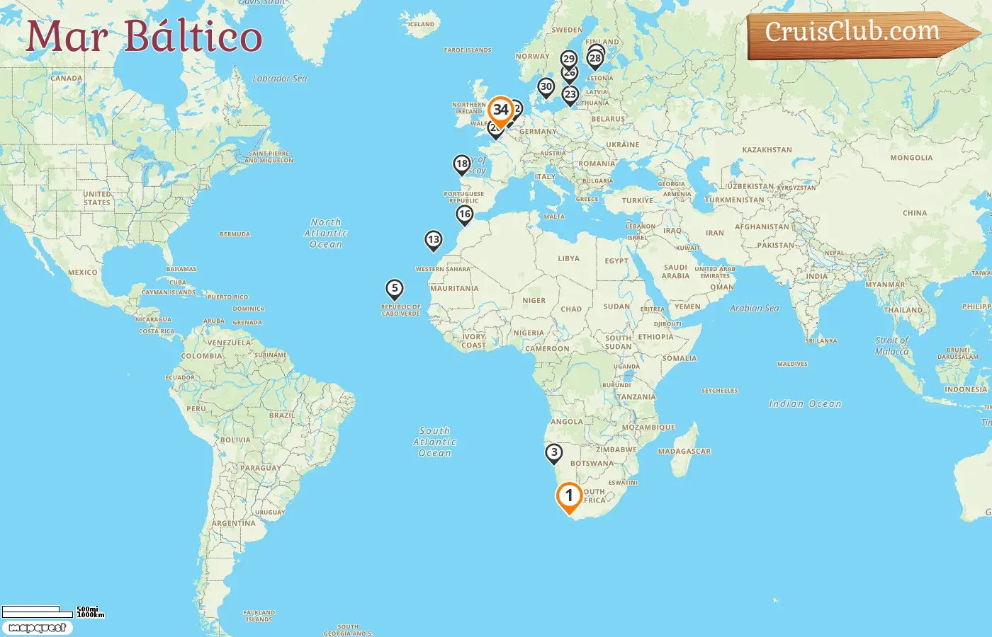 Crucero por el mar Báltico de Ciudad del Cabo a Dover a bordo del barco Crown Princess con visitas a Sudáfrica, Namibia, España, Marruecos, Francia, Bélgica, Polonia, Suecia, Finlandia, Estonia, Dinamarca y Países Bajos durante 34 días