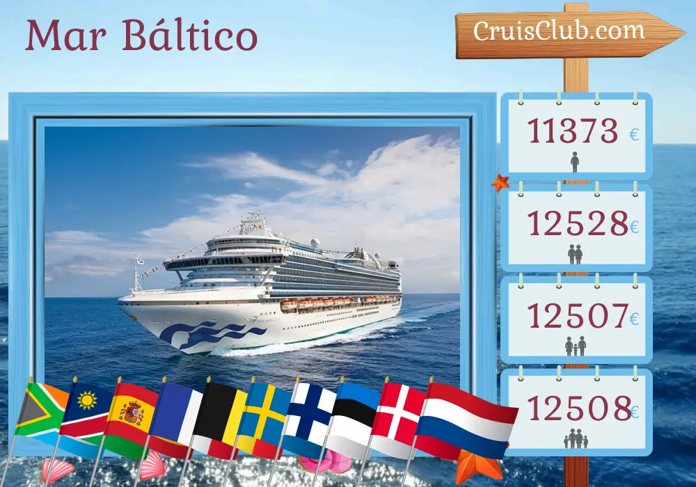 Cruzeiro no Mar Báltico de Cape Town para Dover a bordo do navio Crown Princess com visitas à África do Sul, Namíbia, Espanha, Marrocos, França, Bélgica, Polónia, Suécia, Finlândia, Estónia, Dinamarca e Países Baixos durante 34 dias