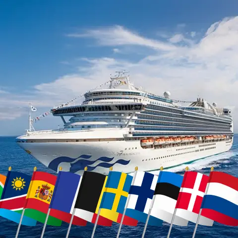Kreuzfahrt in der Ostsee von Kapstadt nach Dover an Bord des Schiffes Crown Princess mit Stopps in Südafrika, Namibia, Spanien, Marokko, Frankreich, Belgien, Polen, Schweden, Finnland, Estland, Dänemark und den Niederlanden für 34 Tage