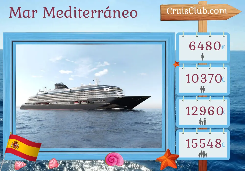 Crucero en el Mediterráneo desde Barcelona a bordo del barco EXPLORA I con visitas a España y Marruecos durante 11 días