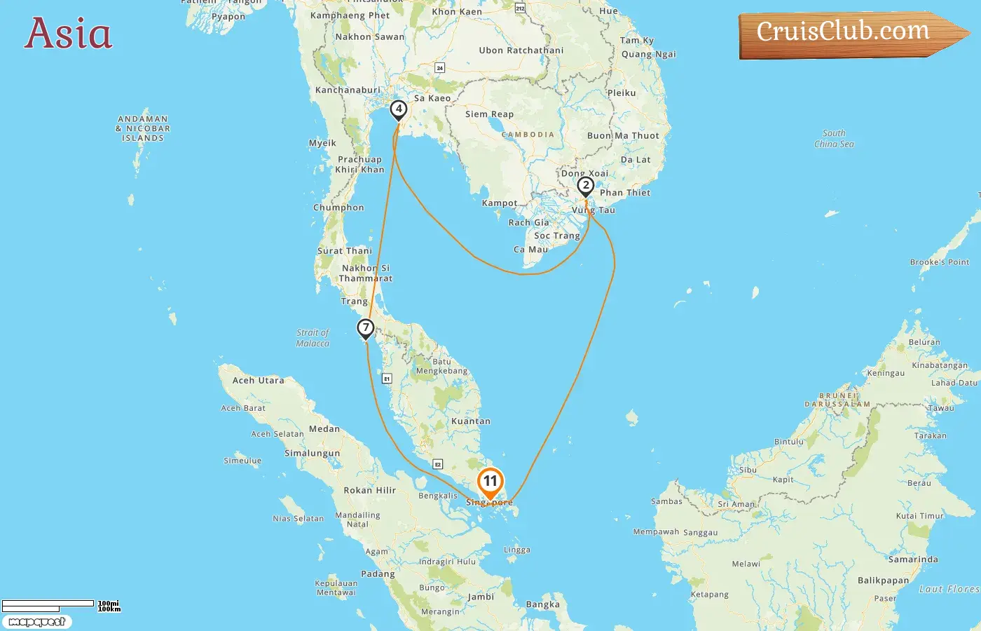 Cruise in the Asia from Singapore aboard Navigator of the Seas ship with visits to Singapore, Viet Nam, Thailand, and Malaysia for 11 days