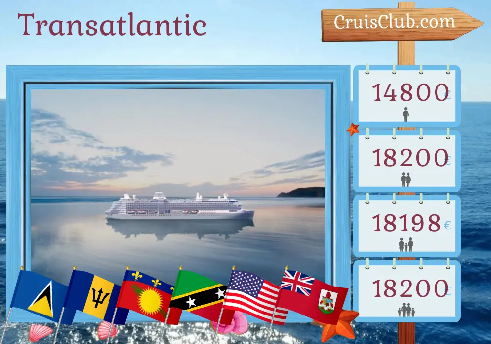 Cruise in the Transatlantic from Saint John to Lisbon aboard Silver Ray ship with visits to Puerto Rico, Saint Barthélemy, Saint Vincent and the Grenadines, Saint Lucia, Barbados, Guadeloupe, Saint Kitts and Nevis, USA, and Bermuda for 29 days